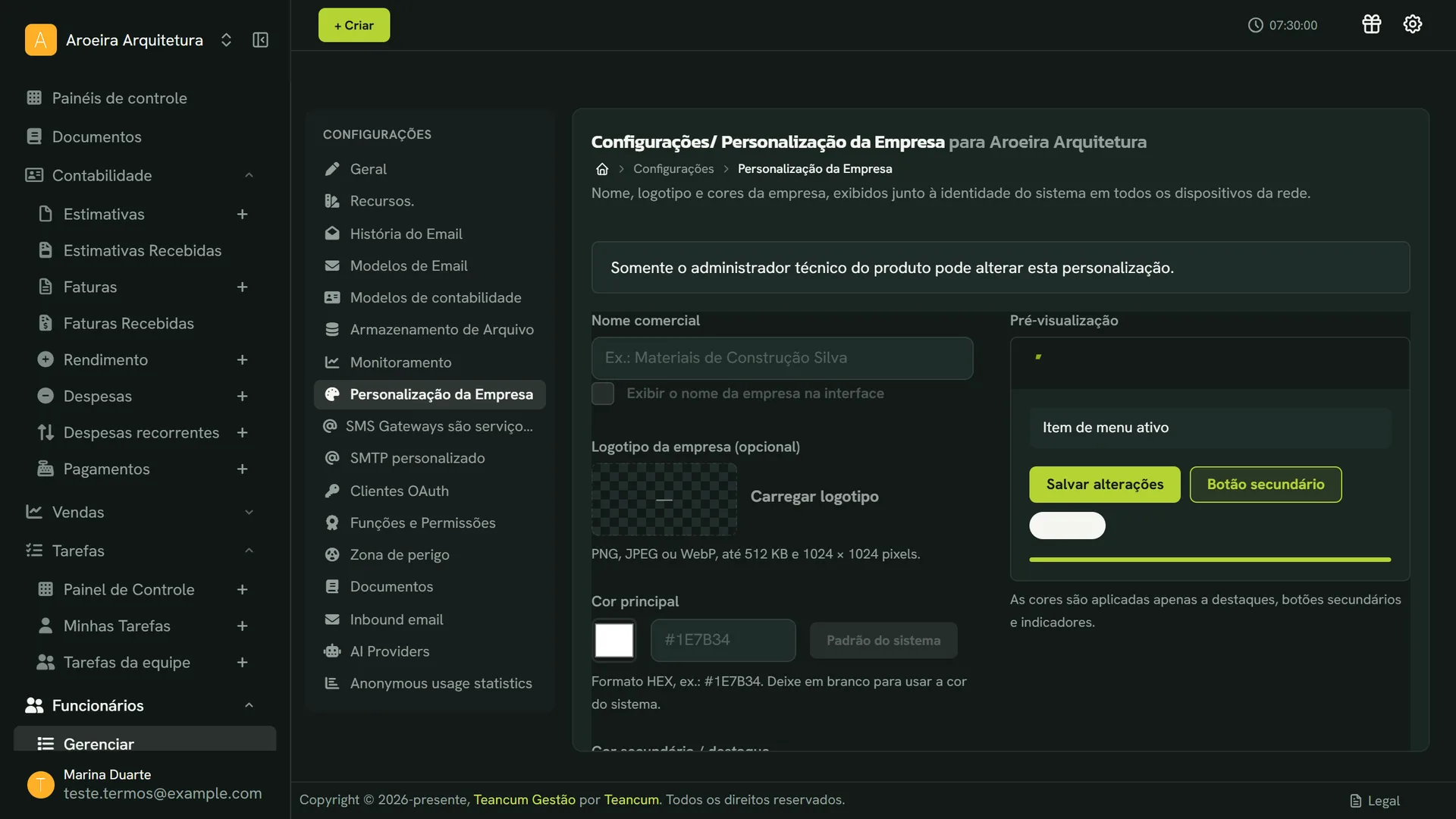 Tela de personalização do Teancum Gestão, com nome comercial, logotipo e cores da empresa